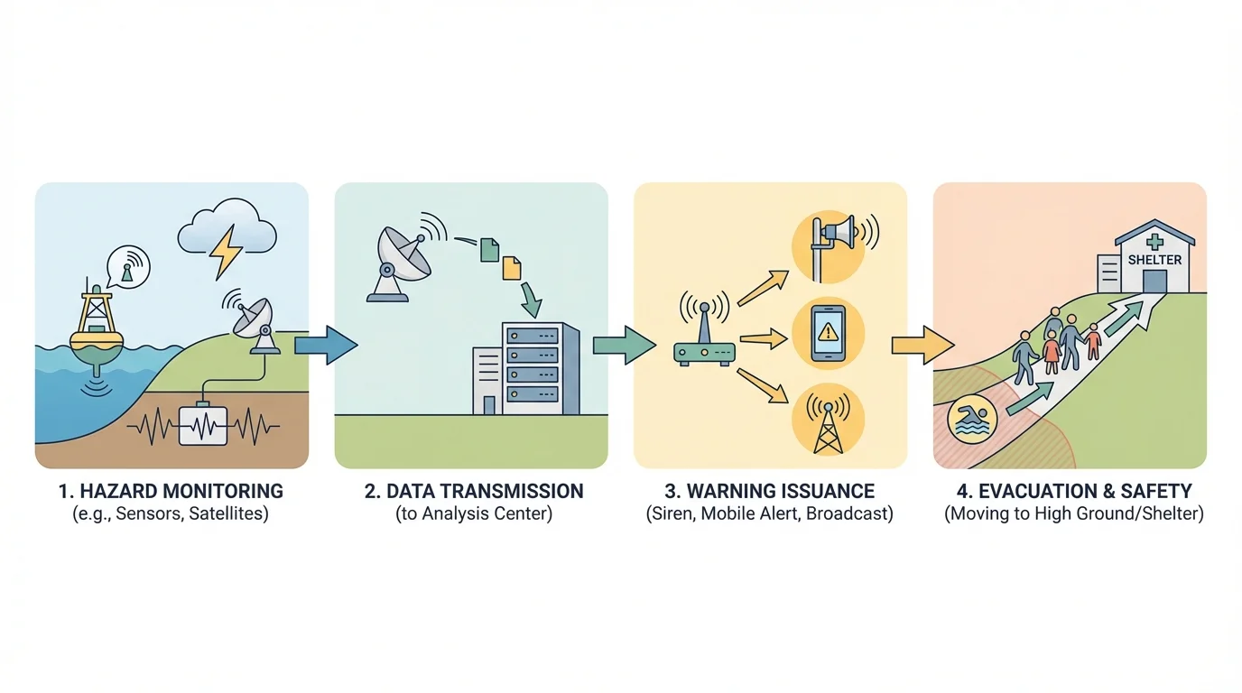 Flowchart of monitoring a hazard, sending data, issuing a warning, and people moving to safety