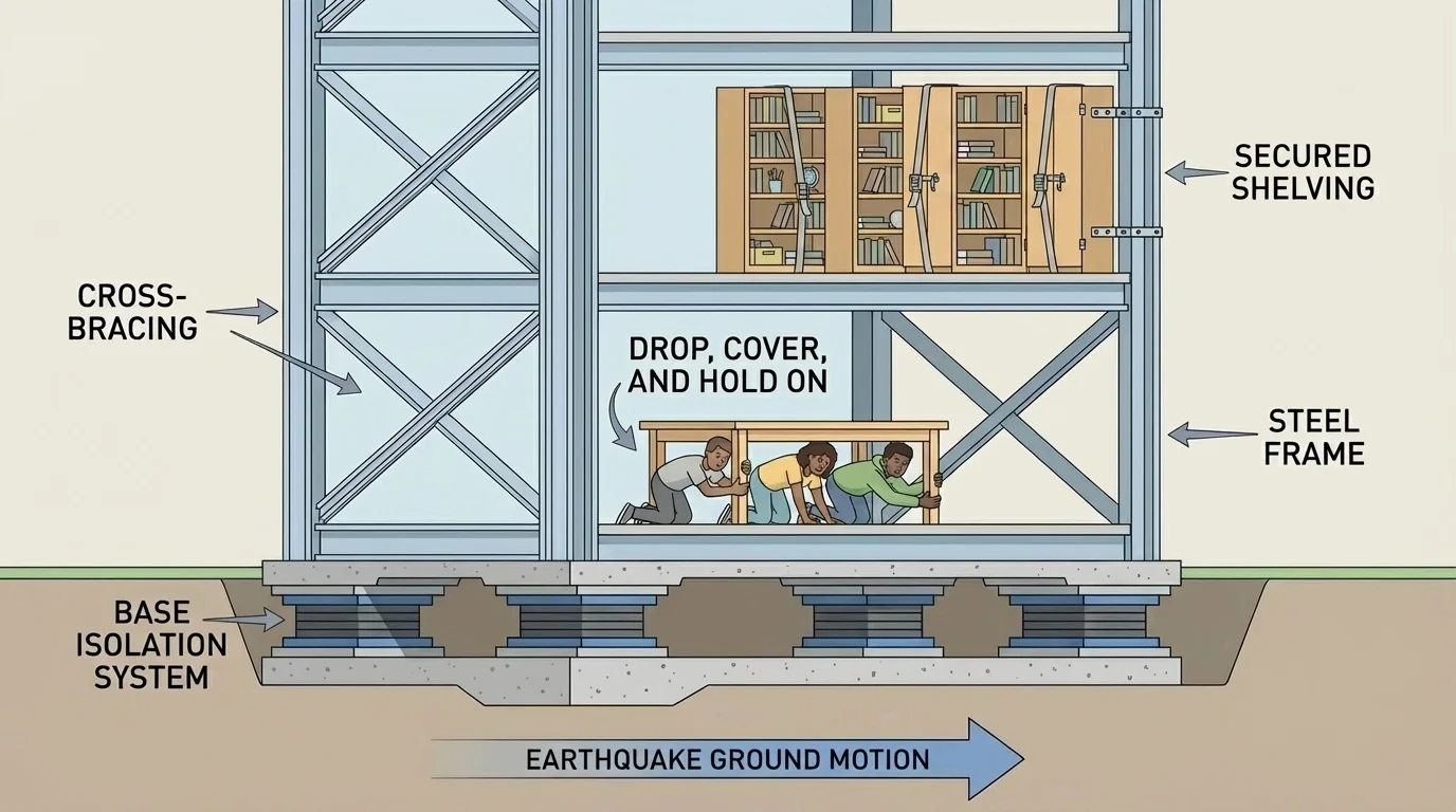 Diagram of a building with cross-bracing, flexible base, secured shelves, and students practicing drop-cover-hold on