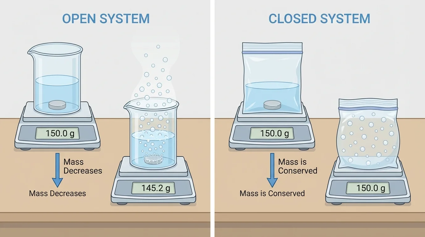 Side-by-side reaction setup, left an open cup with bubbles escaping into the air, right a sealed plastic bag with bubbles trapped inside, both labeled simply