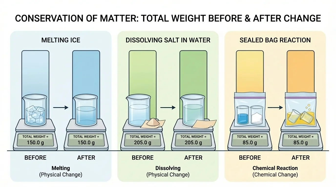 Simple bar graph with equal before-and-after bar pairs for melting ice, dissolving salt water, and sealed bag reaction