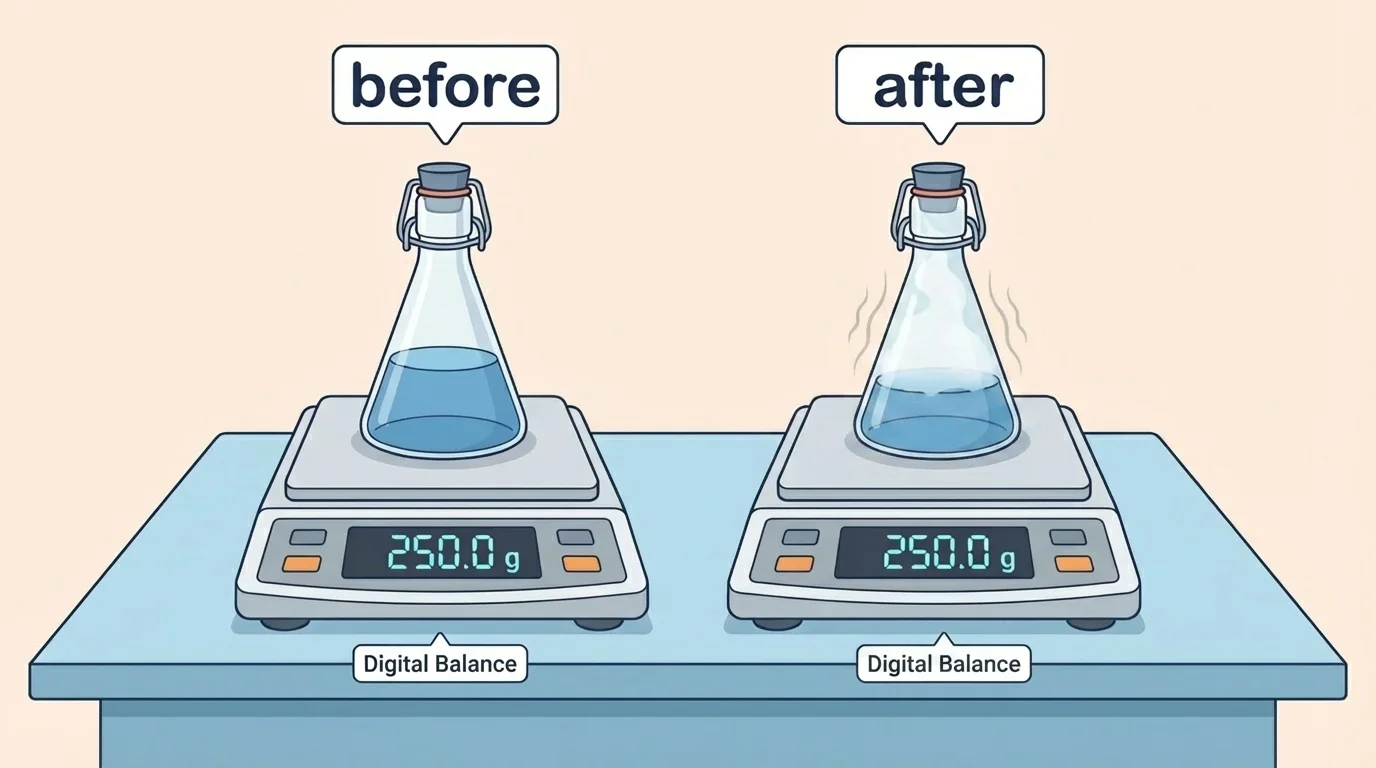 Digital balance showing a sealed container before heating and after heating, both with the same mass reading, with simple labels "before" and "after"