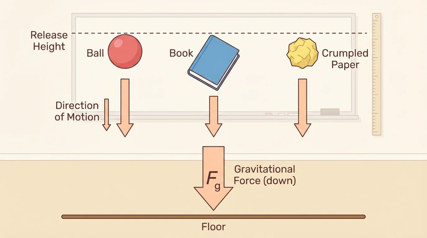 Classroom drop test with a ball, a book, and a crumpled paper released from the same height, each with arrows showing motion downward toward the floor