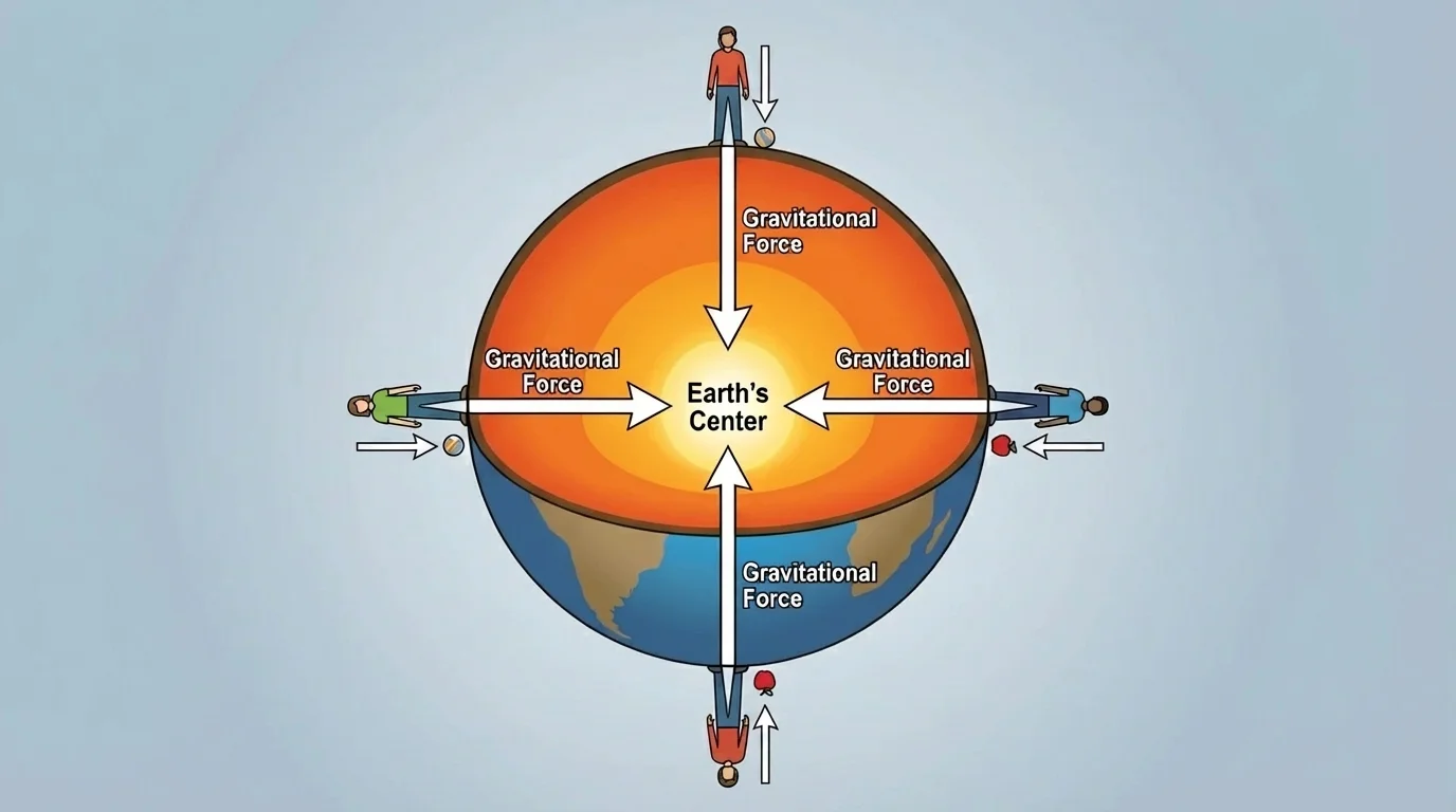 Cross-section of Earth with people standing at different locations and arrows from each person and nearby objects pointing toward the planet's center