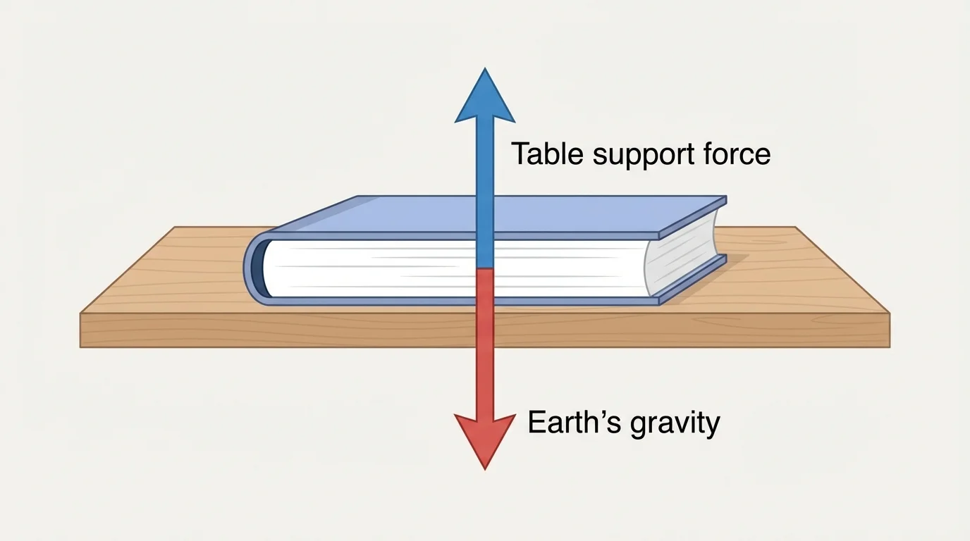 Book resting on a table with one arrow downward labeled Earth's gravity and one arrow upward labeled table support force
