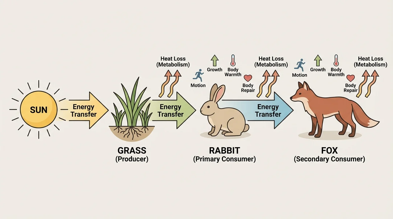 Simple food chain with sun, grass, rabbit, and fox connected by arrows showing energy flow