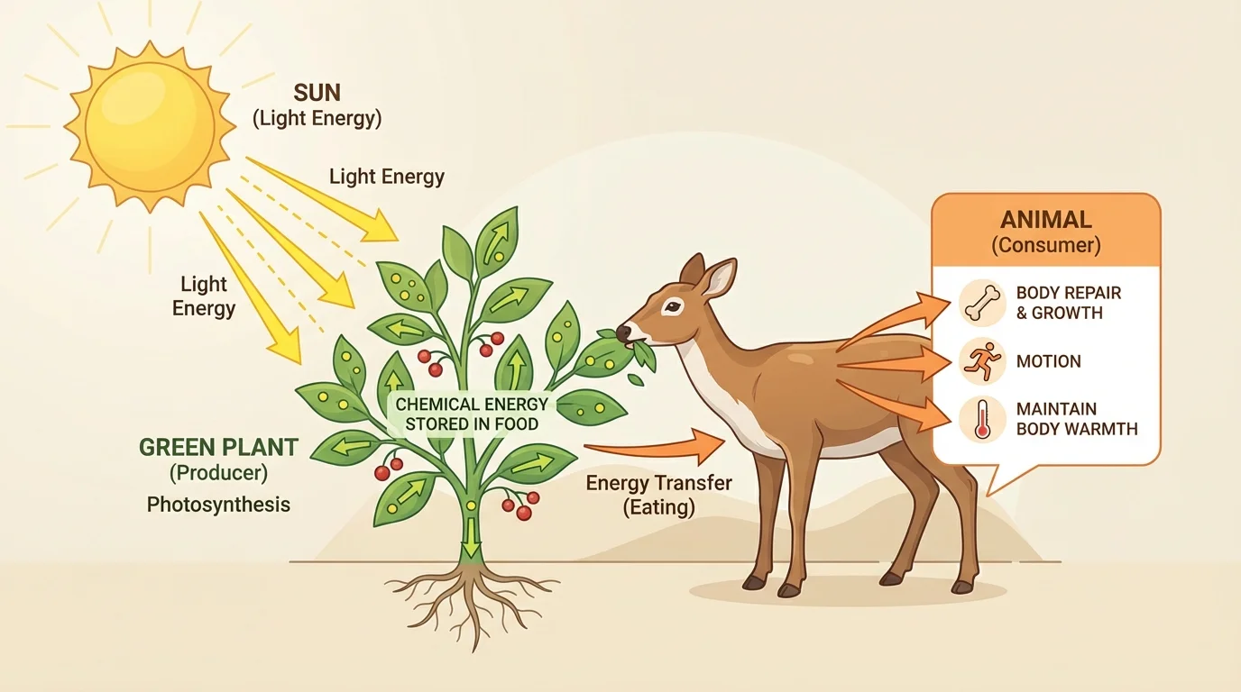 Sun shining on a green plant, arrows showing sunlight entering leaves and food energy stored in plant parts