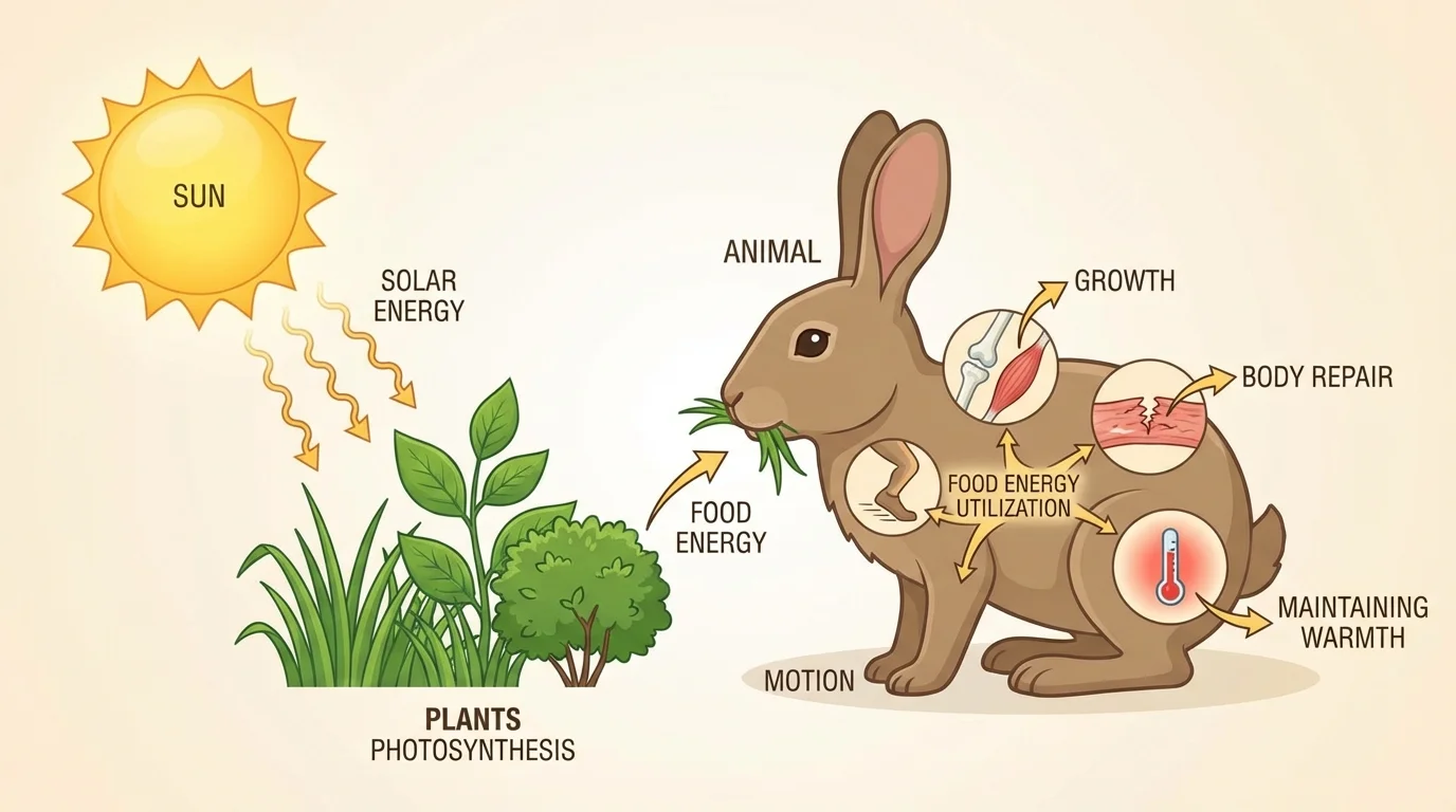 Labeled animal diagram showing food energy used for growth, body repair, motion, and maintaining warmth