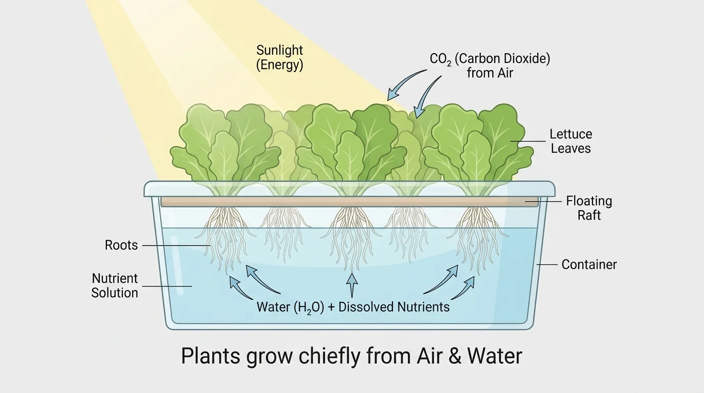 Hydroponic lettuce plants with roots in nutrient water, leaves above, and no soil
