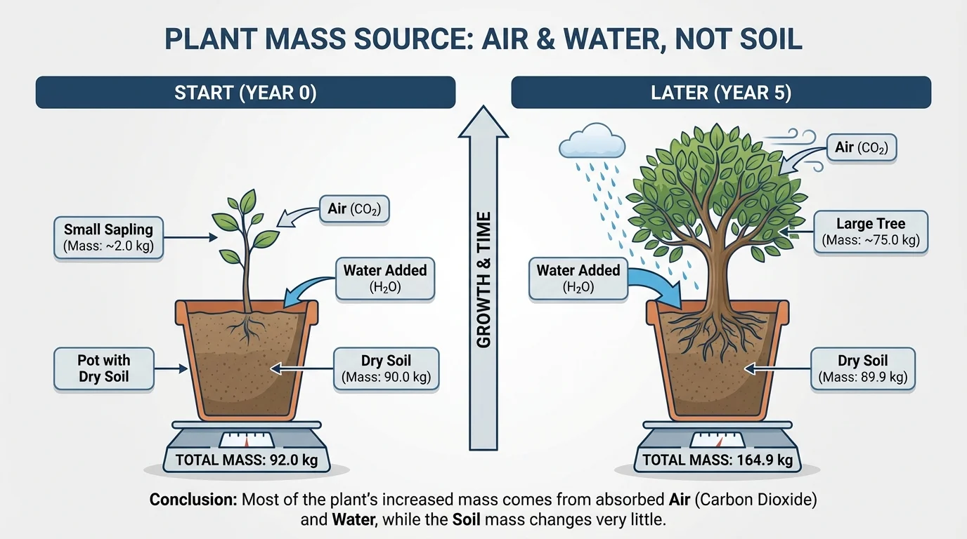 Comparison chart of starting small tree and soil mass versus later large tree with soil mass changing only a little