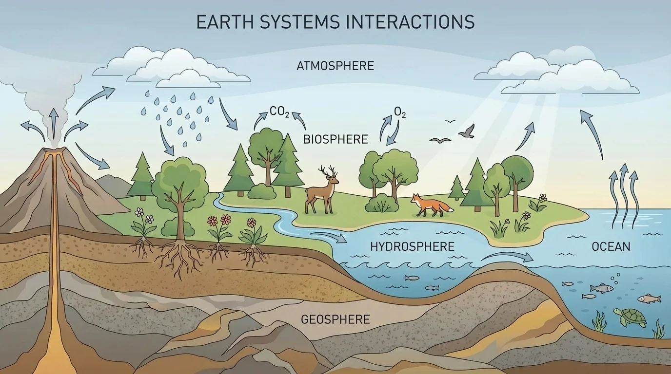 Cross-section of an Earth scene labeled geosphere with rocks and soil, hydrosphere with river and lake, atmosphere with clouds and air, and biosphere with plants and animals
