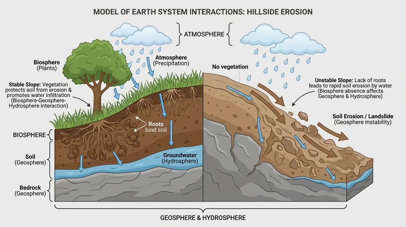 Hillside with grass and tree roots gripping soil, beside a nearby patch of bare slope where soil is sliding away