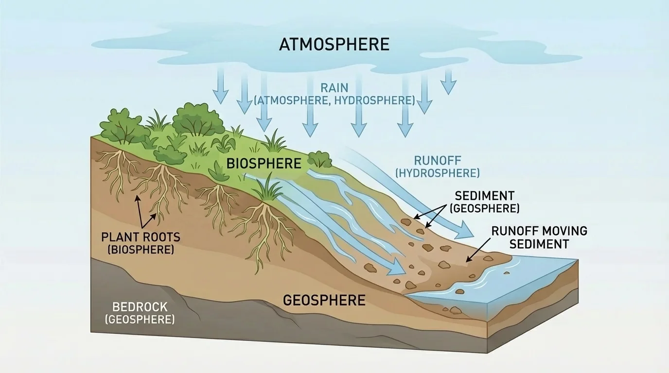 Hillside after rain with labeled arrows showing rain falling on soil, runoff moving sediment downhill, and plant roots holding soil in place