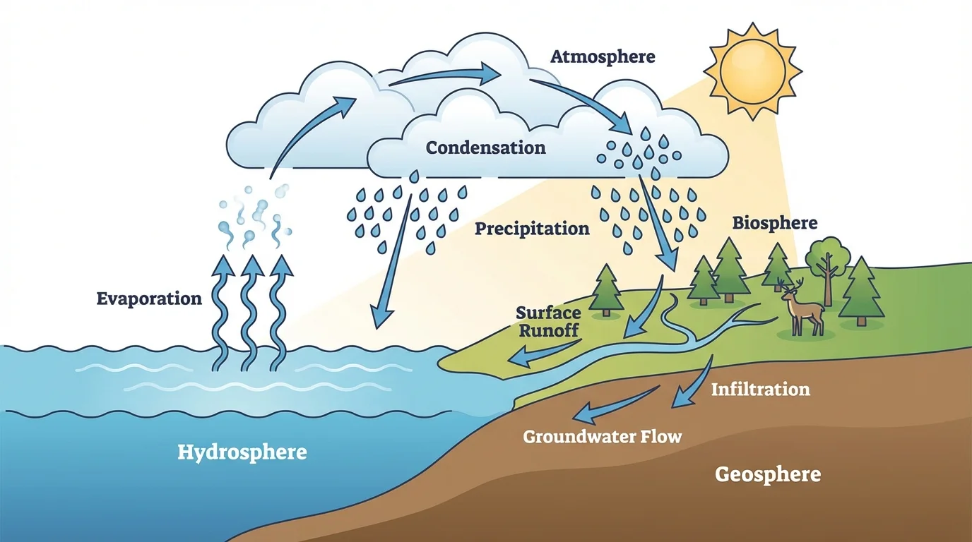 Lake or ocean with arrows showing evaporation upward, cloud formation by condensation, and rain falling back as precipitation