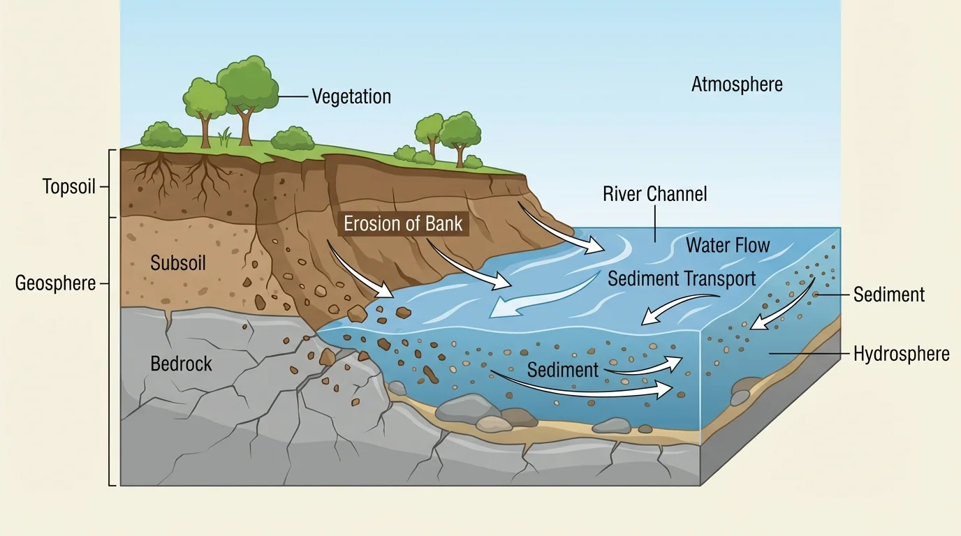 River cutting through soil and rock, with arrows showing water flow, erosion of riverbank, and sediment moving downstream