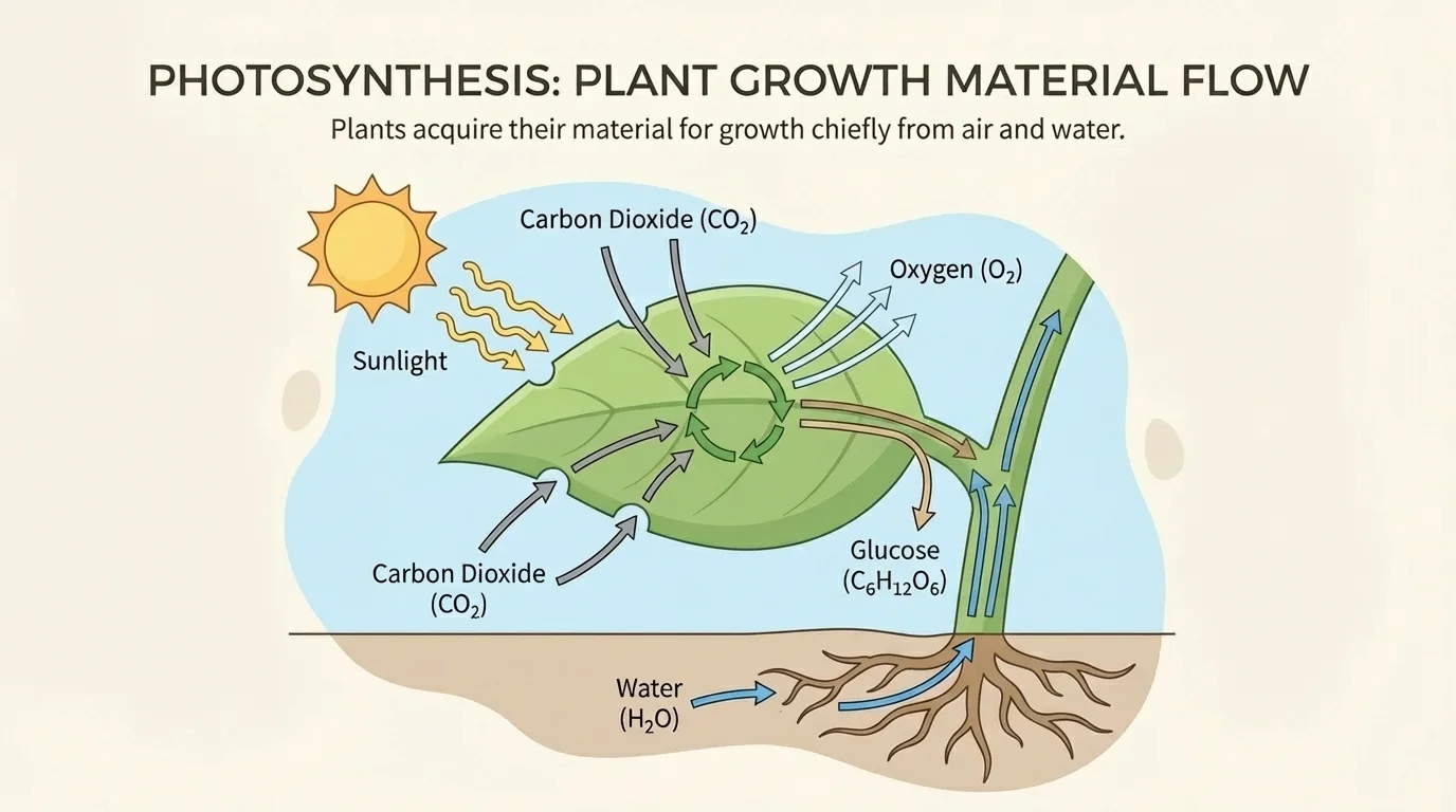 Photosynthesis in a leaf showing carbon dioxide entering, water moving up from roots, sunlight absorbed by leaf, glucose produced, and oxygen released