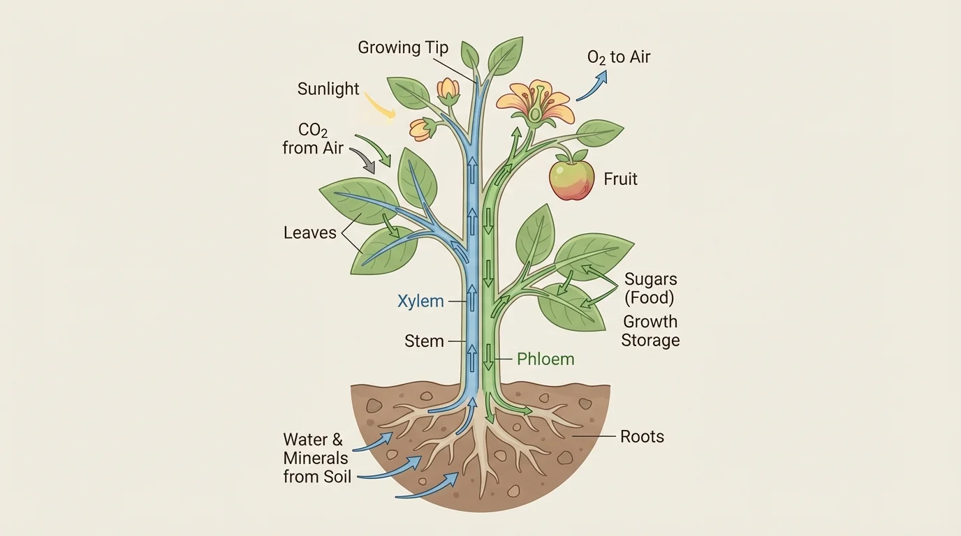 Plant transport system showing xylem carrying water upward from roots and phloem carrying sugars from leaves to stems, roots, fruits, and growing tips