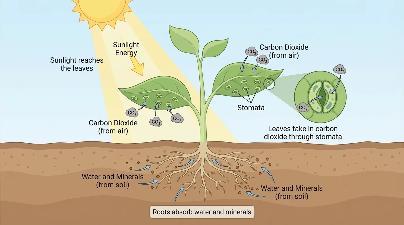 Labeled plant showing roots absorbing water and minerals from soil, leaves taking in carbon dioxide through stomata, and sunlight reaching the leaves