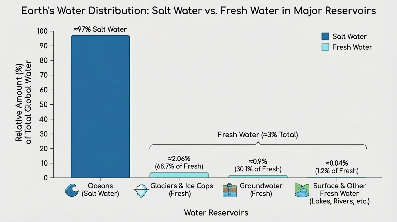 Labeled bar graph with water reservoirs on the horizontal axis and relative amount on the vertical axis