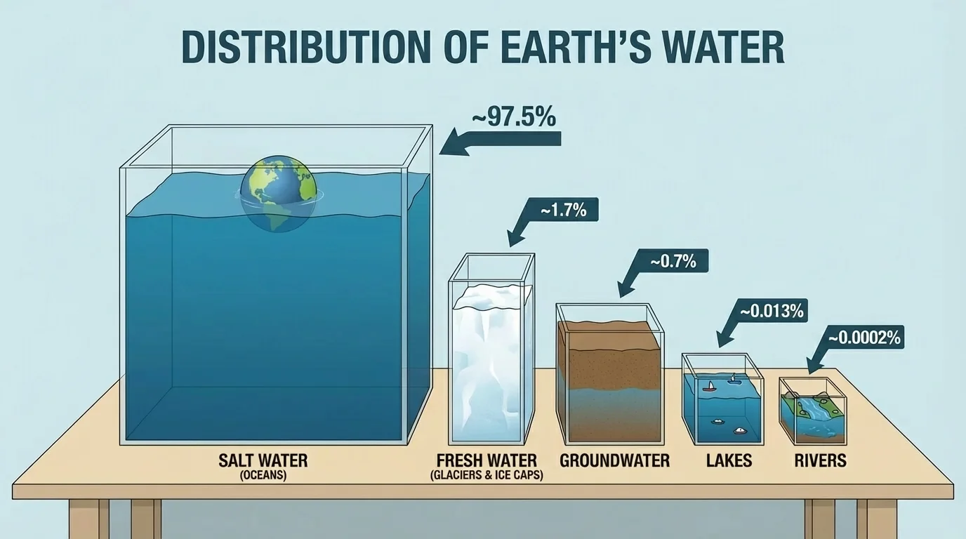 Classroom model with one large container for oceans and much smaller containers for glaciers, groundwater, lakes, and rivers