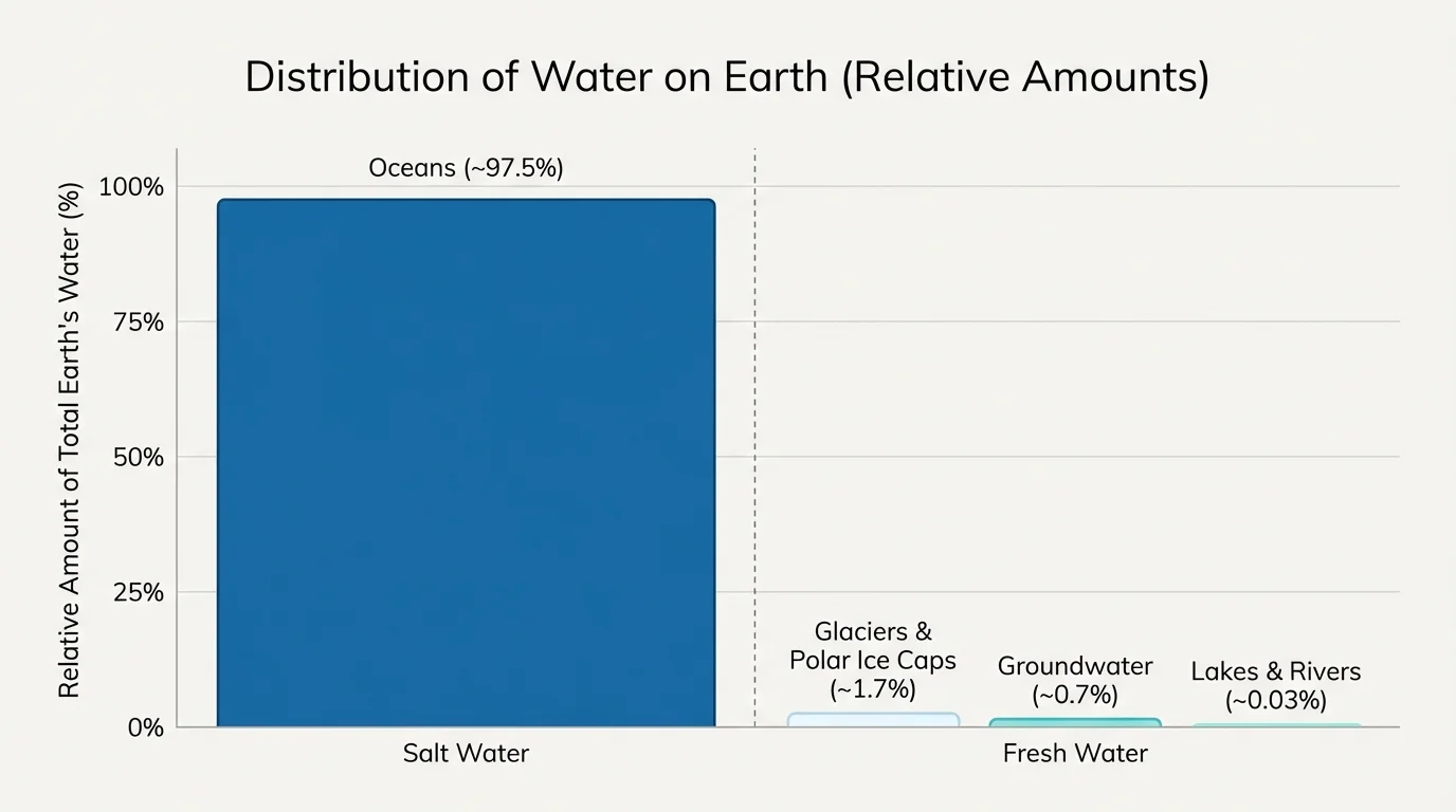 Bar graph comparing oceans, glaciers, polar ice caps, and groundwater, lakes, and rivers by relative amount of water