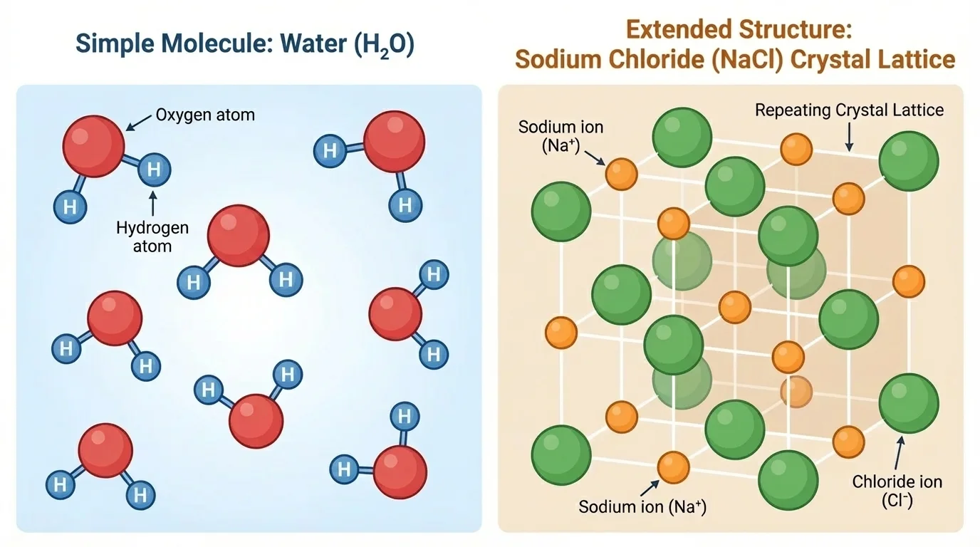 Diagram showing side-by-side comparison of separate water molecules and a repeating crystal lattice pattern for sodium chloride-like structure