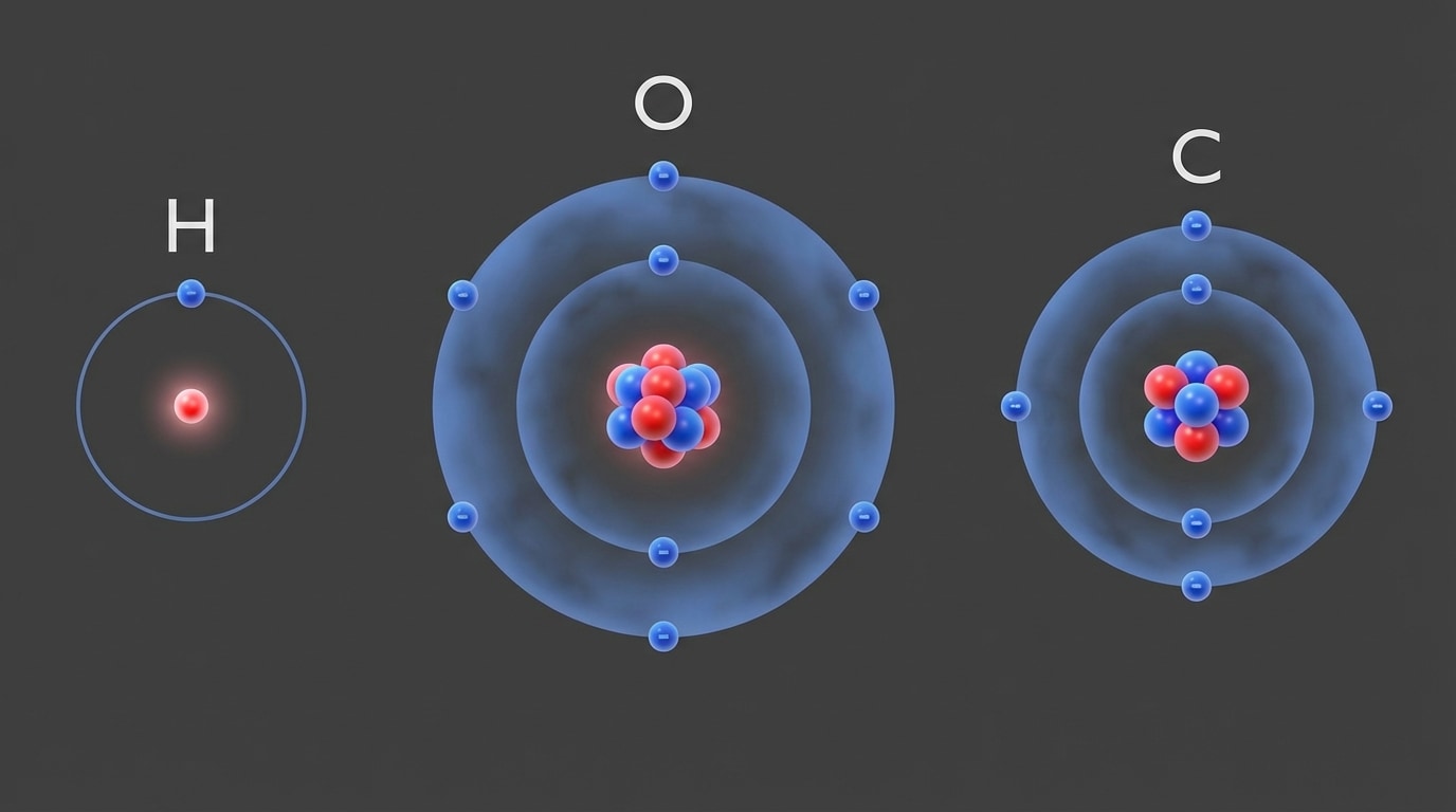 Simple particle models of three atoms: (1) hydrogen atom with small nucleus and one electron, (2) oxygen atom with larger nucleus and electron cloud, (3) carbon atom with medium nucleus and electron cloud; each labeled with element symbol H, O, C