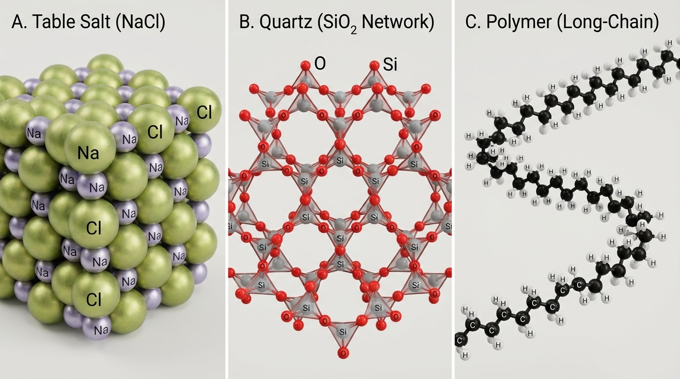 Three-panel diagram: (A) cubic lattice of alternating spheres labeled Na and Cl for table salt, (B) network of Si and O atoms forming a continuous 3D framework for quartz, (C) long-chain polymer drawn as repeating linked units of carbon and hydrogen