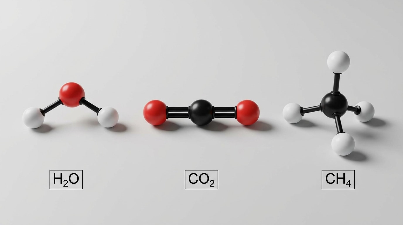 Ball-and-stick models side by side of water (bent H-O-H), carbon dioxide (linear O-C-O), and methane (tetrahedral CH4), each with chemical formula labeled and atom colors differentiated
