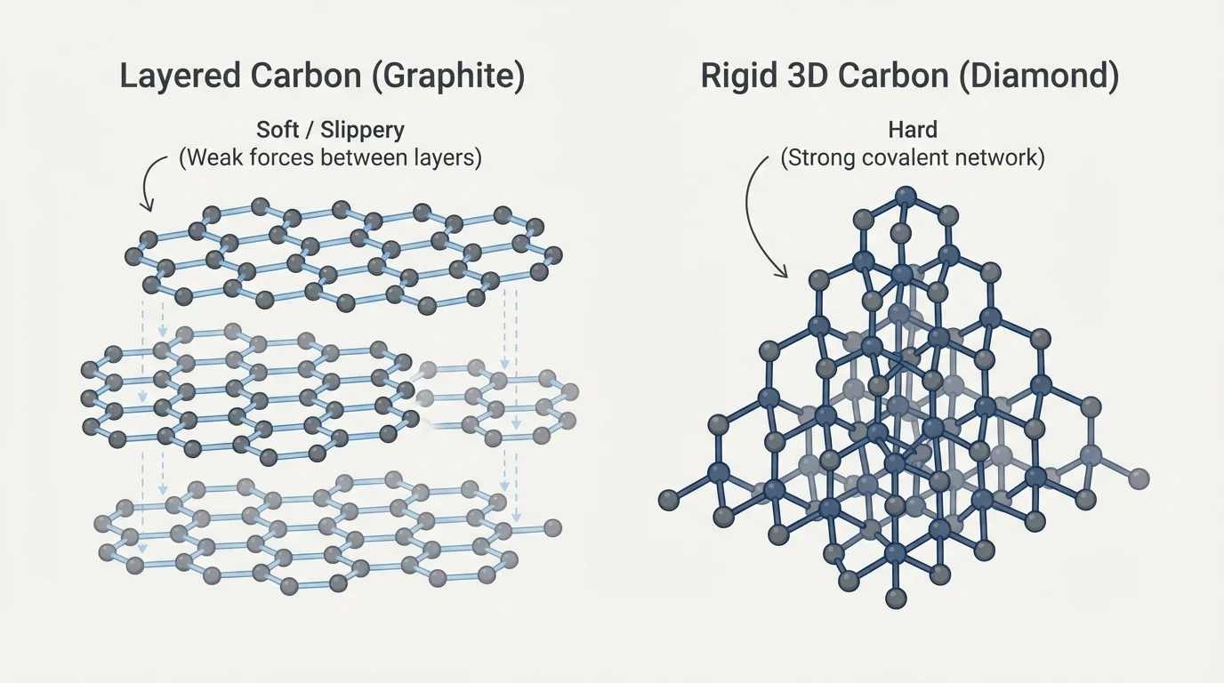 Diagram showing layered carbon structure beside rigid 3D carbon network, with labels for soft/slippery versus hard