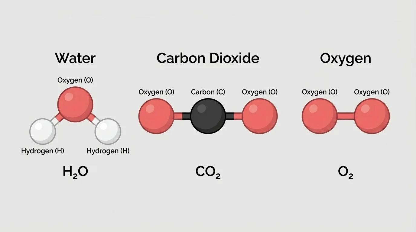 Diagram comparing simple molecule models of water, carbon dioxide, and oxygen with atoms shown as colored spheres and formulas labeled