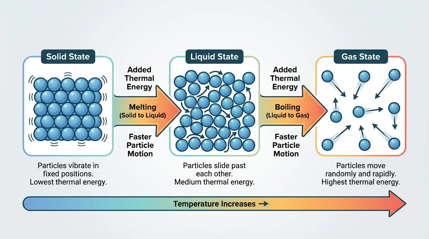 Flowchart showing heating a pure substance from solid to liquid to gas, with arrows labeled added thermal energy, faster particle motion, melting, and boiling