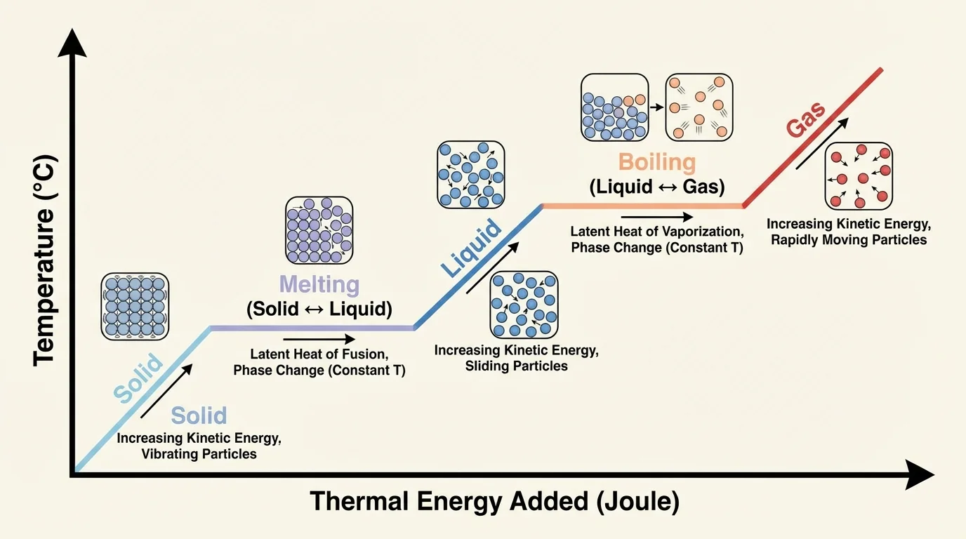 Simple heating curve for a pure substance showing rising temperature in solid, flat melting plateau, rising liquid temperature, flat boiling plateau, and rising gas temperature