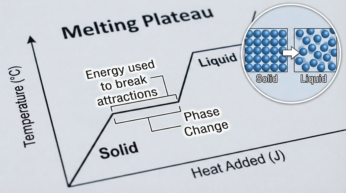 A zoomed-in view of the melting plateau of the heating curve with arrows labeled “energy used to break attractions” and an inset particle diagram showing solid particles becoming a liquid arrangement.