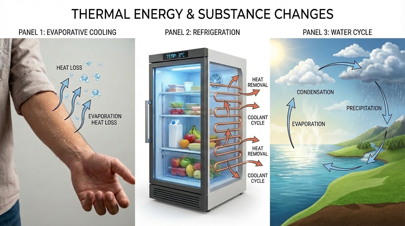 Three-panel scene. Panel 1: Person sweating, with arrows showing water molecules evaporating from skin. Panel 2: Refrigerator cross-section showing warm air inside, coolant coils, and arrows of heat moving out. Panel 3: Water cycle segment with evaporation from a lake, rising moist air forming clouds, and rain falling.