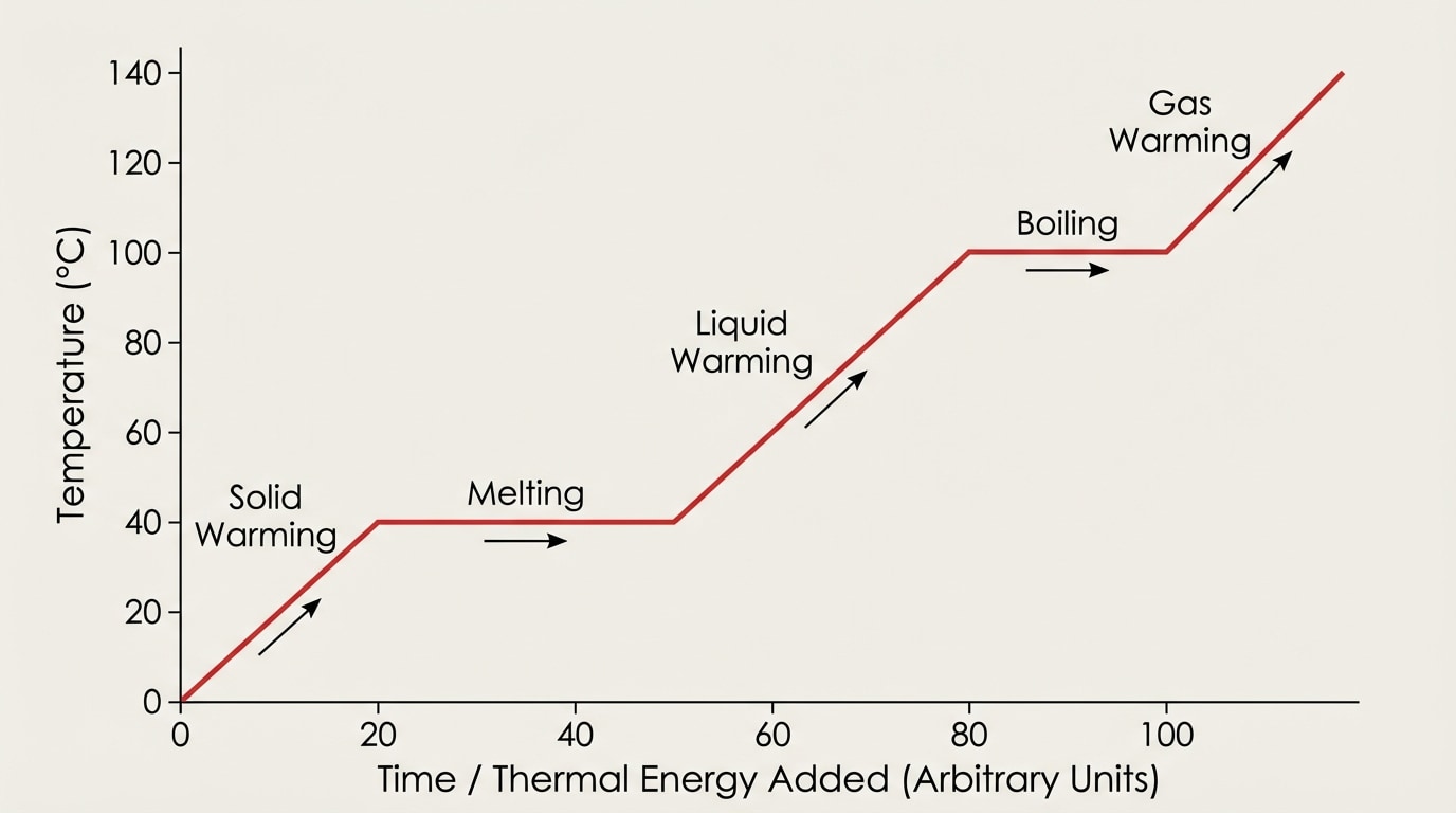 A heating curve graph for a pure substance with temperature on the vertical axis and time/energy on the horizontal axis. Labeled segments: solid warming (slanted up), melting (horizontal plateau), liquid warming (slanted up), boiling (horizontal plateau), gas warming (slanted up).