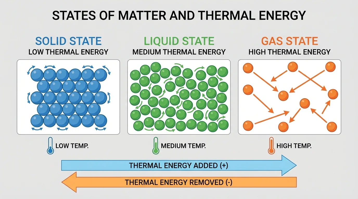 Labeled particle model comparing solid, liquid, and gas with tightly packed vibrating particles, close sliding particles, and far-apart fast-moving particles with motion arrows