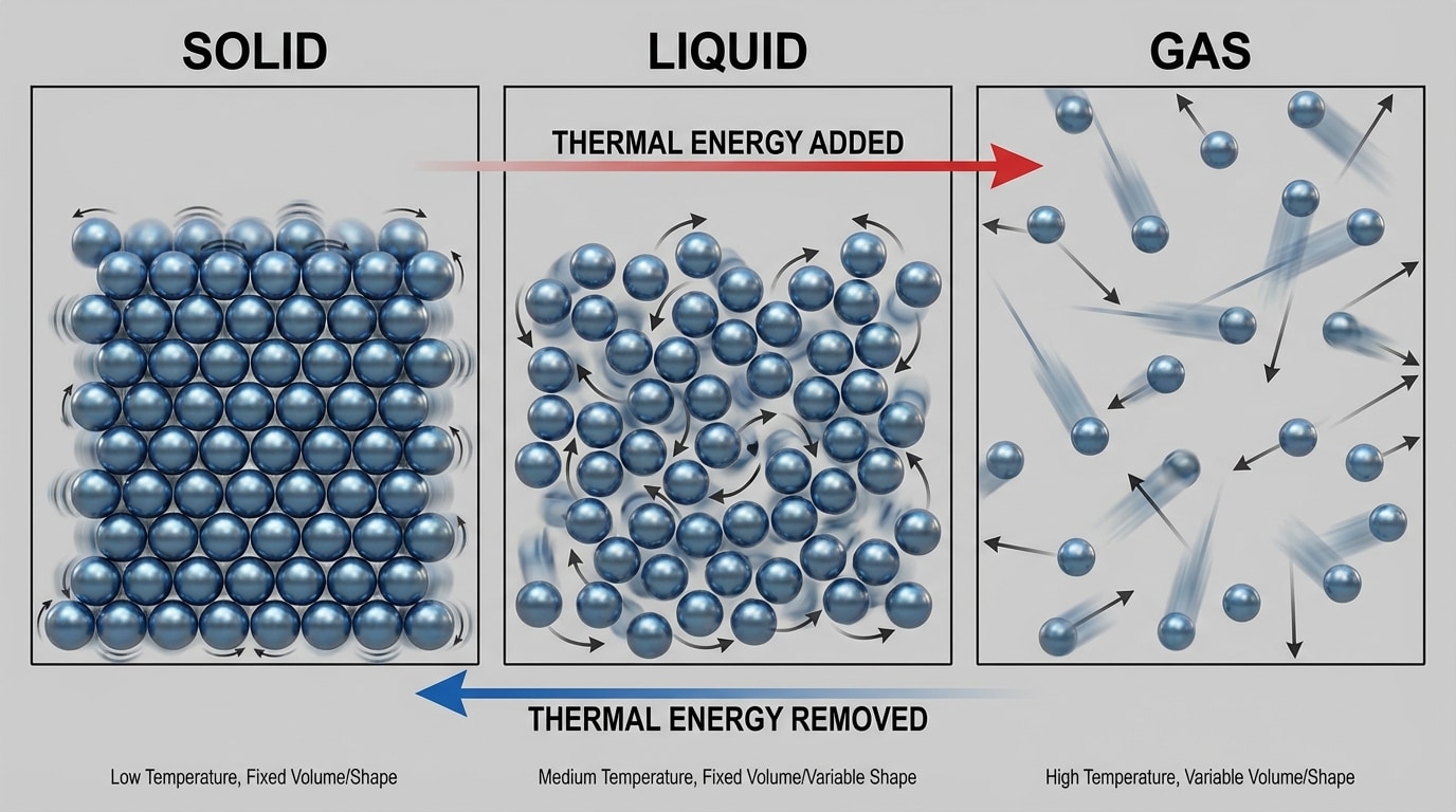 Side-by-side particle diagrams of the same pure substance as a solid, liquid, and gas. Each panel shows particles as dots: solid with tightly packed, ordered dots vibrating in place; liquid with closely spaced but disordered dots sliding past each other; gas with widely spaced dots moving in random directions.