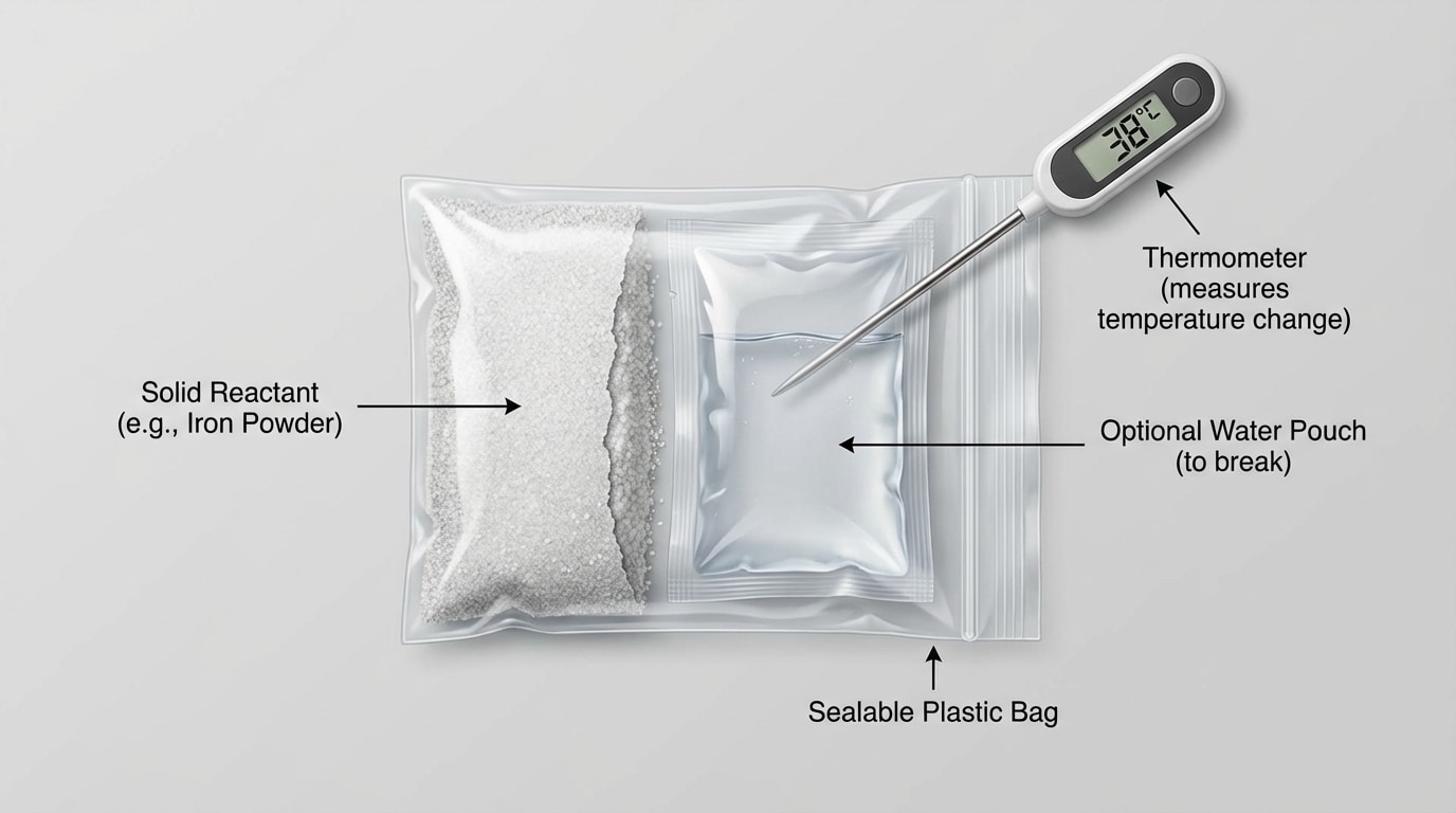 Diagram of a sealable plastic bag hand-warmer device with labeled sections: solid reactant, optional water pouch to break, and a thermometer touching the outside to measure temperature change over time.