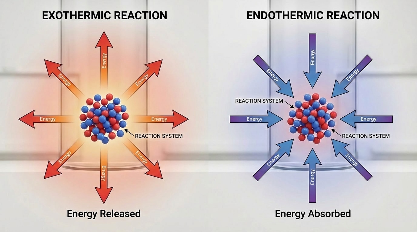 Side-by-side particle diagrams of an exothermic reaction (energy arrows going out from reacting particles into surroundings) and an endothermic reaction (energy arrows coming in from surroundings into reacting particles).