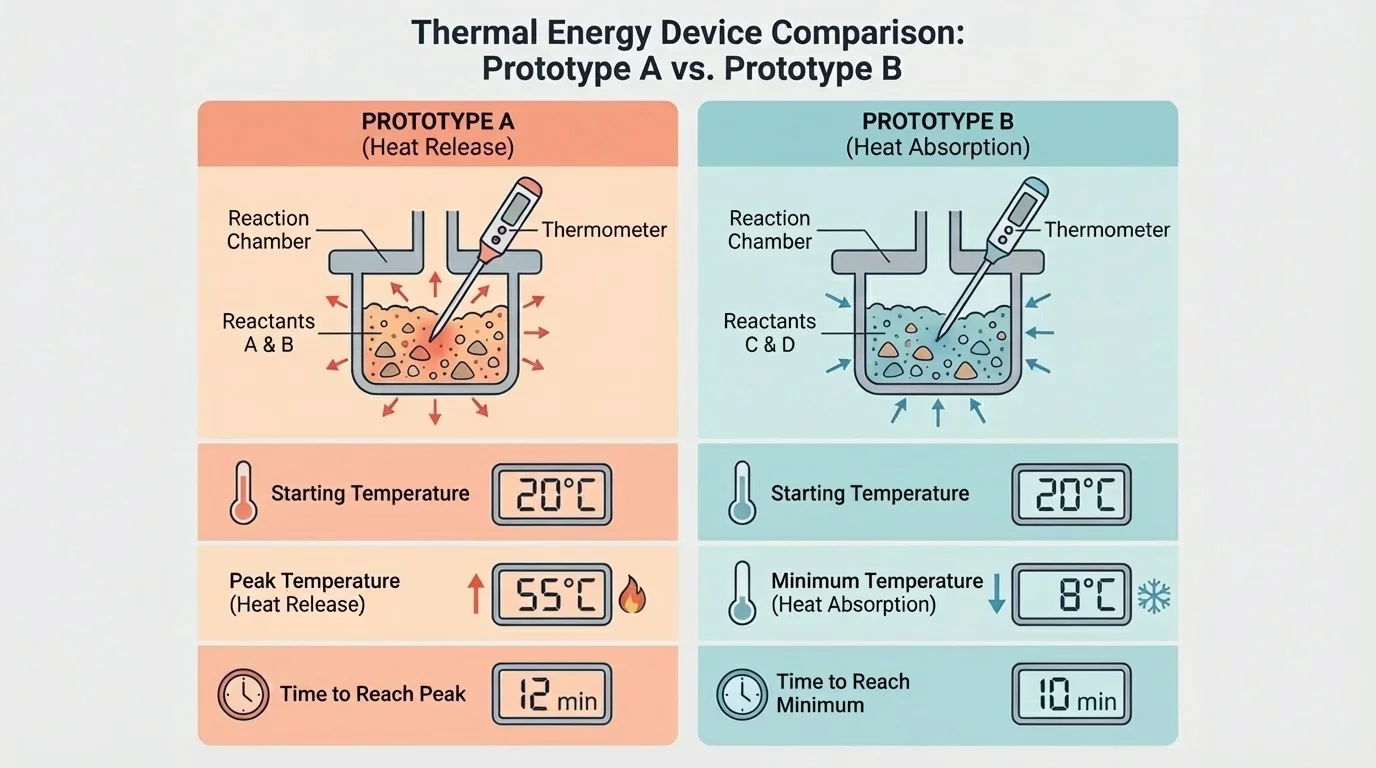 side-by-side comparison chart for prototype A and prototype B showing starting temperature, peak or minimum temperature, and time to reach it