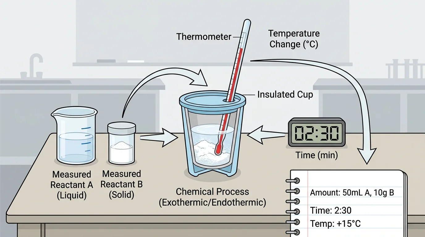 simple classroom test station with a small insulated cup or pouch, measured reactants, thermometer inserted into water or pack, timer beside it, and labels for amount, time, and temperature