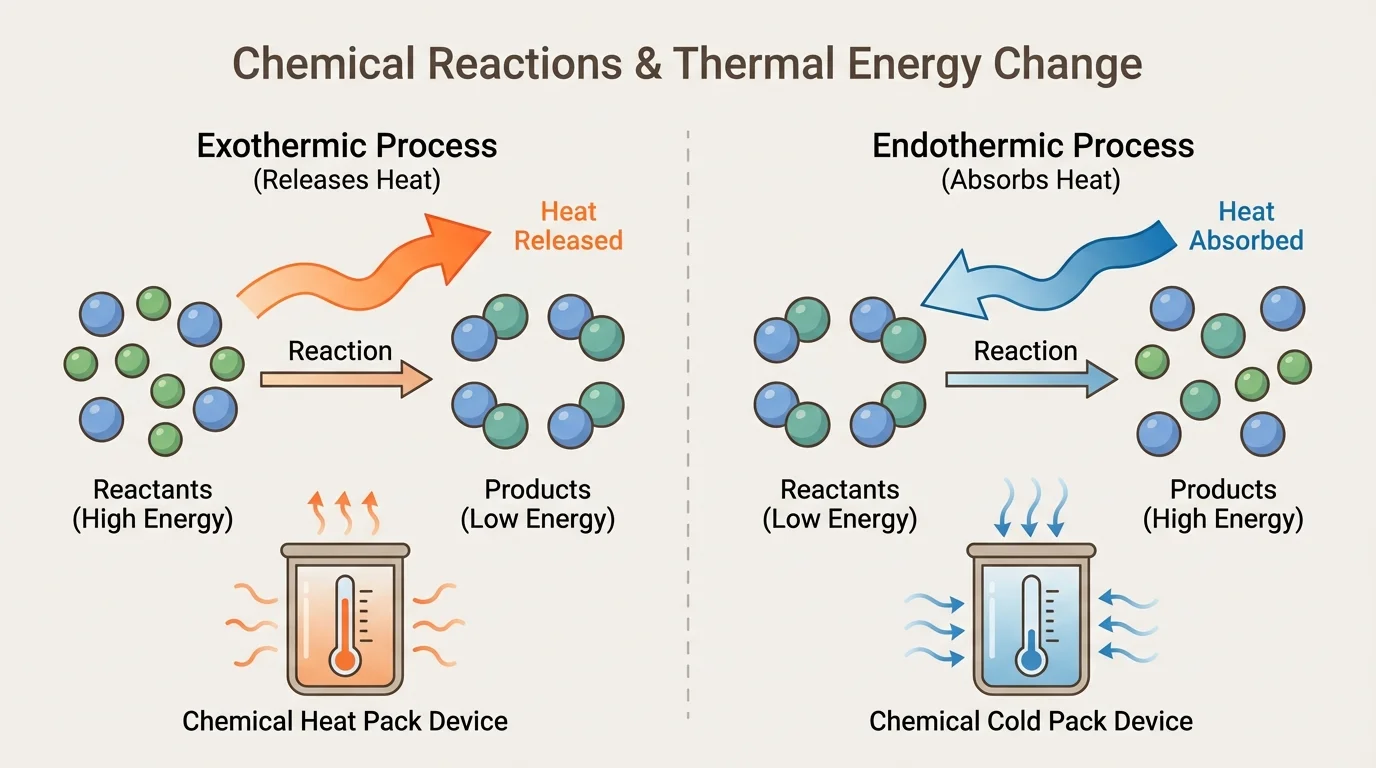 particles before and after a reaction, with simple labeled groups showing atoms rearranging into new substances, and arrows showing heat moving out for an exothermic reaction and heat moving in for an endothermic reaction