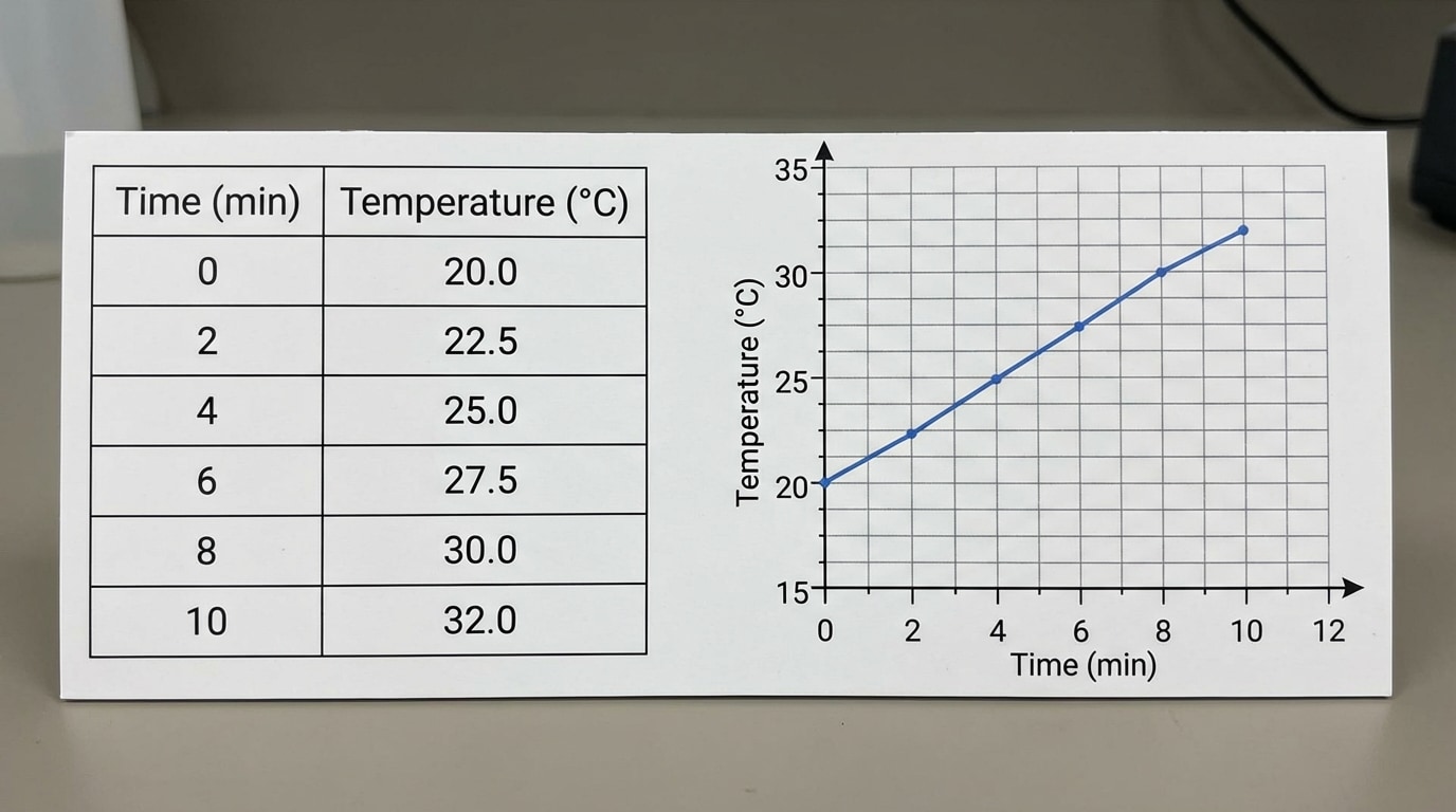 A data table with columns “Time (min)” and “Temperature (°C)” and a line graph beside it showing temperature vs time for a heating pack, with temperature rising from 20°C to 32°C over 10 minutes.