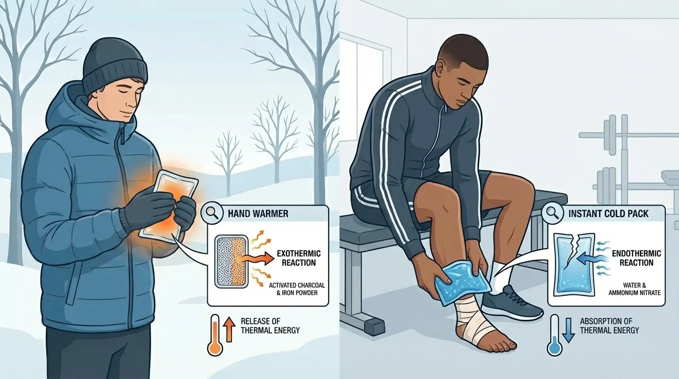 split scene with a person outdoors holding a hand warmer and an athlete pressing an instant cold pack to an ankle injury
