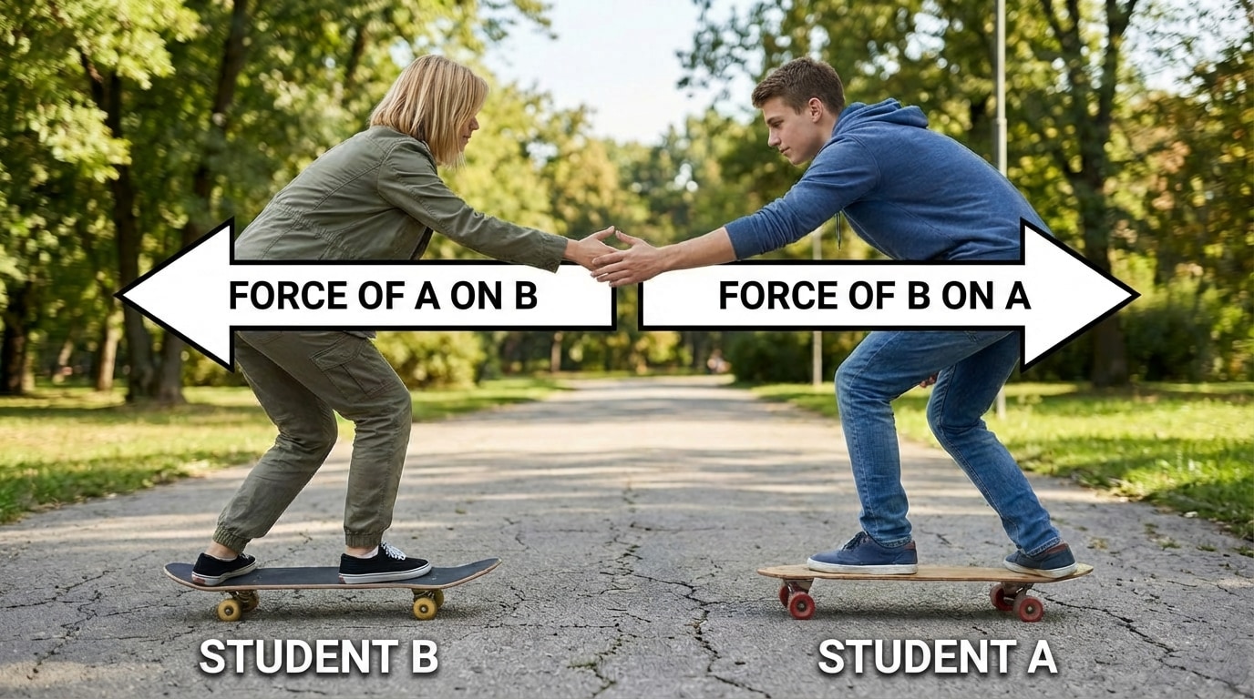 Two students on skateboards on a straight line, facing each other, hands touching. Horizontal arrows at their hands show equal and opposite forces between them: one arrow to the right on student A, one arrow to the left on student B.