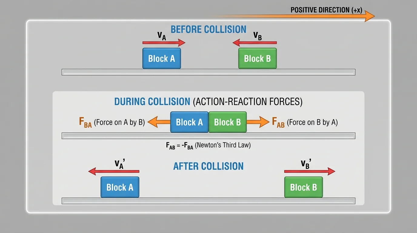 Horizontal track with two blocks labeled A and B before and after collision, positive direction arrow to the right, and opposite force arrows during collision