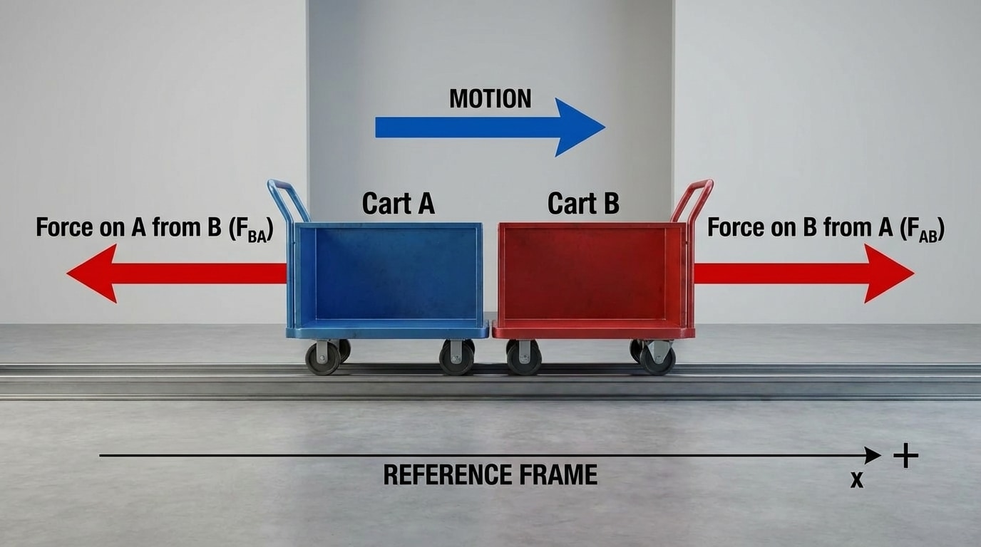 Diagram of a box on wheels on a straight horizontal track, with a right-pointing arrow labeled “motion,” left and right horizontal force arrows, and a labeled reference frame axis showing positive to the right.