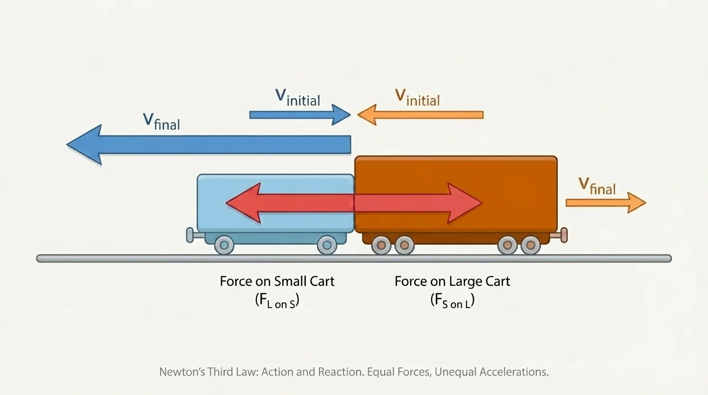 Small cart and large cart colliding head-on on a straight track, equal opposite force arrows on both carts, with the small cart showing a larger change in speed