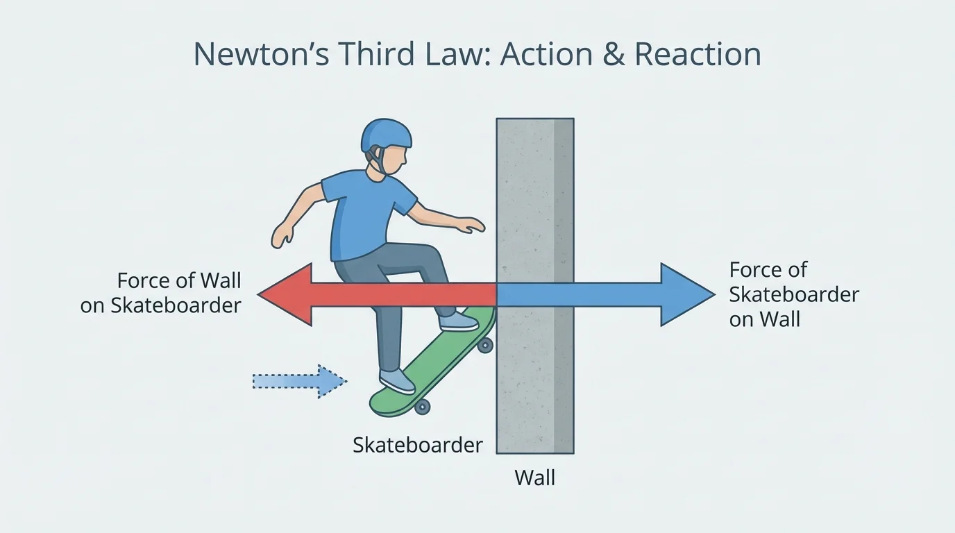 Two objects colliding in a straight horizontal line, such as a skateboarder hitting a wall, with equal-size opposite force arrows labeled on the skateboarder and the wall