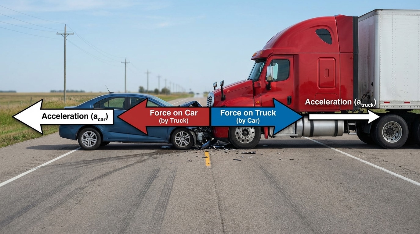 Side-view of a small car and a large truck colliding head-on on a straight horizontal road. At the contact point, two equal and opposite horizontal force arrows are drawn between them. Smaller acceleration arrow on truck, larger acceleration arrow on car along the same line.